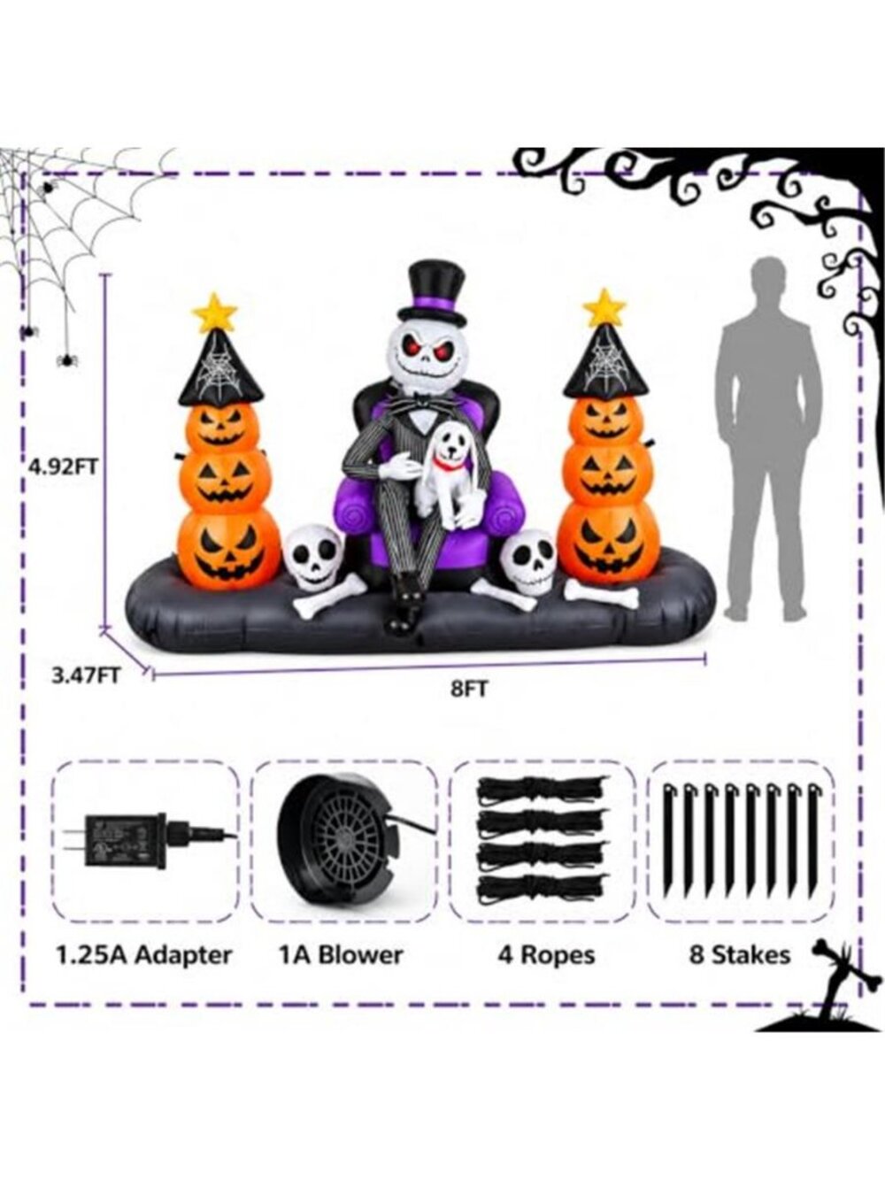 8FT Halloween Inflatables Outdoor Decorations, LED Lighted Inflatable Skeleton - Picture 2 of 7